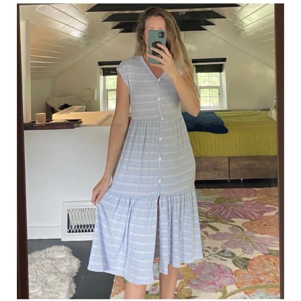 Caution to the Wind blue striped midi dress vneck size Small